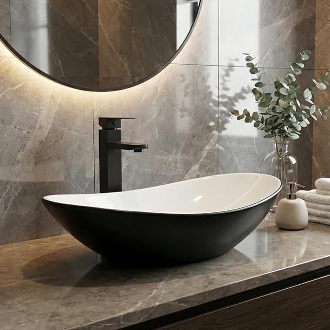 Ceramic Bathroom Sink, Black and White Boat Shape Above Counter Porcelain Vessel Sink with Black Faucet and Pop up drain Set