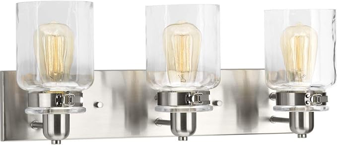 Progress Lighting P300047-009 Calhoun Collection Clear Glass Farmhouse Bath Vanity Light, 3-Light, Brushed Nickel