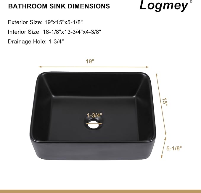 Logmey 19" Black Bathroom Vessel Sink 19x15 Sink for RV Bathroom Large Rectangle Porcelain Ceramic Modern Countertop Above Counter Bathroom Vanity Sink Art Basin