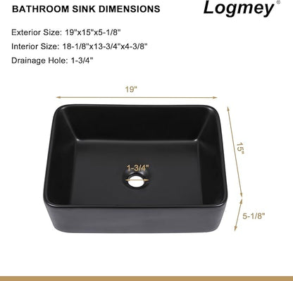 Logmey 19" Black Bathroom Vessel Sink 19x15 Sink for RV Bathroom Large Rectangle Porcelain Ceramic Modern Countertop Above Counter Bathroom Vanity Sink Art Basin