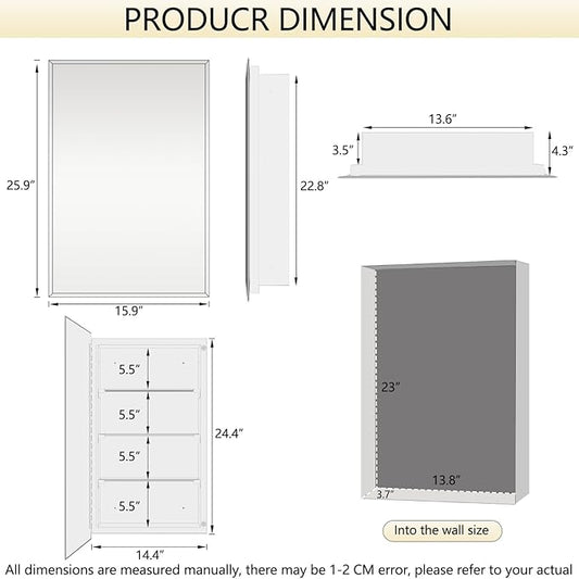 16"x26" Medicine Cabinet,HD Bathroom Mirror Cabinet with Beveled Mirror,Removeable Shelves, Recessed and Surface Mount,Frameless Bathroom Mirror with Storage