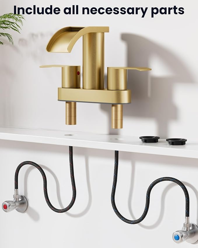 gotonovo 4 Inch Centerset Waterfall Bathroom Sink Faucet Deck Mount 2 Handle Basin Faucets 2 or 3 Hole with Pop Up Drain Included Lavatory Modern Mixer Tap Vanity Faucet Brushed Gold