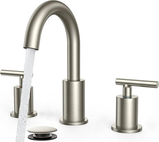 FORIOUS Brushed Nickel Bathroom Faucet 3 Hole with Metal Pop Up Drain and 24" Supply Hose, 2 Handle 8 Inch Widespread 3 Hole Vanity Faucet for Bathroom Sink Brush Nickel with 360° Swivel Spout