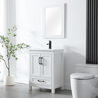 LUCKWIND 24" Bathroom Vanity and Sink Combos, Modern Bathroom Storage Painted Cabinet with Undercounter Ceramic Single Sink Top, Matte Black Faucet and Drawer, Mirror Not Included, White
