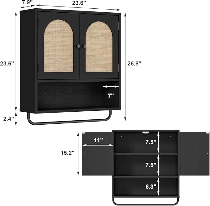 RUSTOWN Rattan Bathroom Wall Cabinet, Boho Medicine Cabinet with 2 Doors | Arched Doors, Farmhouse Over The Toilet Storage Cabinets, Adjustable Shelves, Towel Bar, 3-Tier Wall Mounted Cabinets