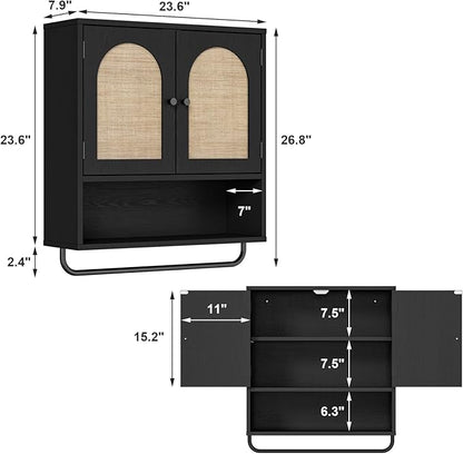 RUSTOWN Rattan Bathroom Wall Cabinet, Boho Medicine Cabinet with 2 Doors | Arched Doors, Farmhouse Over The Toilet Storage Cabinets, Adjustable Shelves, Towel Bar, 3-Tier Wall Mounted Cabinets