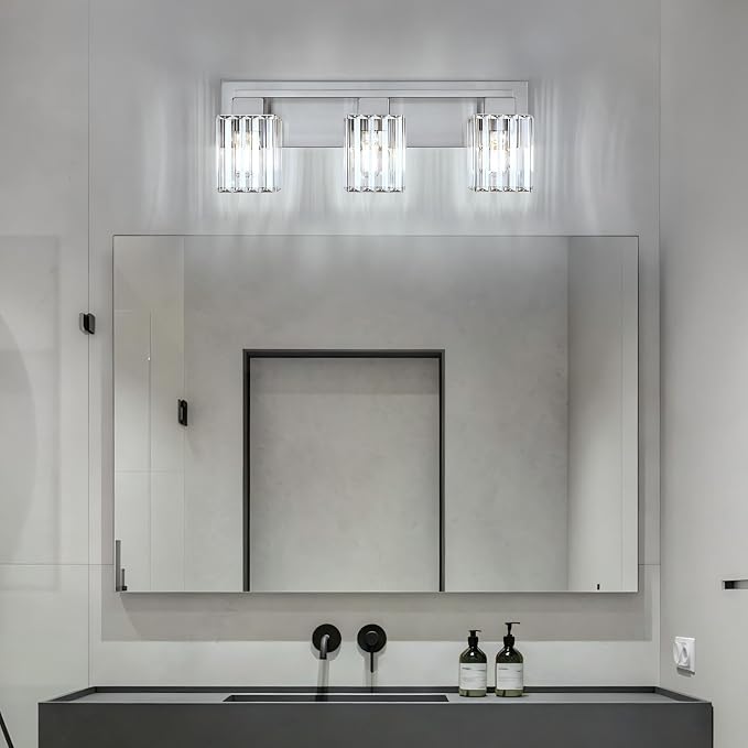 Brushed Nickel Bathroom Light Fixtures, 3-Light Vanity Light Over Mirror | Wall Sconces with Square Crystal Shades, E26 Socket, Modern Vanity Lights for Bathroom (Bulbs Not Included)