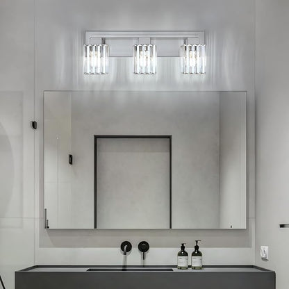 Brushed Nickel Bathroom Light Fixtures, 3-Light Vanity Light Over Mirror | Wall Sconces with Square Crystal Shades, E26 Socket, Modern Vanity Lights for Bathroom (Bulbs Not Included)