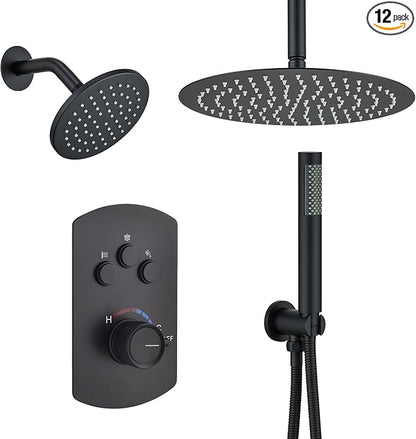 MONDAWE 12 Inch Ceiling Mounted Black Shower System, Dual Rainfall Shower Head & High Pressure Handheld Spray Combo, 3-Function Luxury Shower Faucet Set for Bathroom, All Functions Work Simultaneously