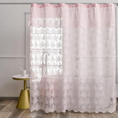 Pink Lace Shower Curtain 72x84, Cute Girly Extra Long with Attached Valance | Vintage Floral Lace and Scalloped Trim, Filter Soft Light, Adding Romantic Shabby Chic Charm to Tall Bathrooms