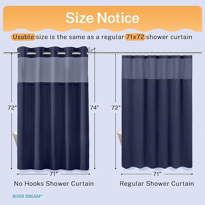 River Dream Waffle No Hook Shower Curtain with Liner,Navy Blue,71x74 | Dotted Waffle,Snap-in Liner,Heavy Duty,Quick Dry,Mesh Top Window,With Bottom Magnets,Hotel-Grade,Washable,Standard Size