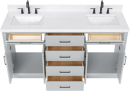 DKB Isabella 66" Grey Double Bathroom Vanity with Sink and Countertop, 1.5" Edge Carrara Quartz Top, Double Rectangular Sinks, 4 Soft Closing Doors, 6 Dovetail Drawers