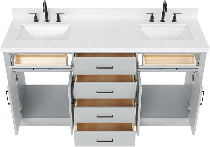 ARIEL Hepburn 66-inch Bathroom Vanity with Sink,Solid Wood, 1.5-inch Carrara White Quartz Countertop & Backsplash, Double Rectangular Porcelain Sink, 4 Soft Closing Doors, 6 Dovetail Drawers, Grey