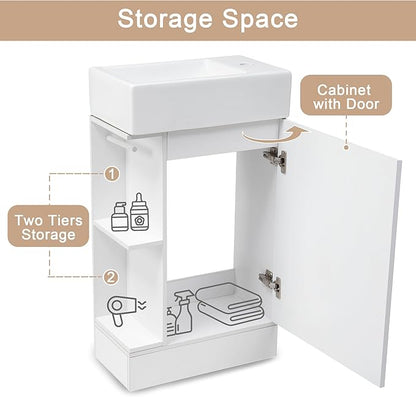 Harper & Bright Designs 18.6" Bathroom Vanity with Sink, Free Standing Single Basin Vanity Set with Storage Cabinet & Two-Tier Shelf, Wooden Cabinet with Ceramic Basin for Bathroom, White