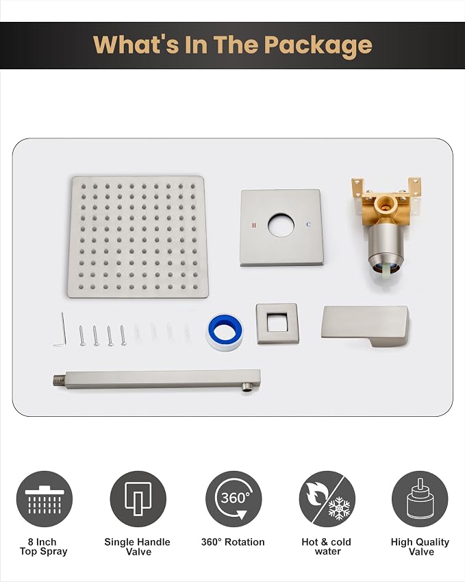 Airuida 8 Inch Brushed Nickel Shower Faucet Set,Shower Valve Kit | Rainfall Shower Head and Handle Set,Female Thread Rough-in Valve Shower Kit,Single Function Shower System