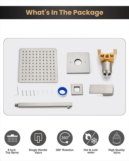 Airuida 8 Inch Brushed Nickel Shower Faucet Set,Shower Valve Kit | Rainfall Shower Head and Handle Set,Female Thread Rough-in Valve Shower Kit,Single Function Shower System