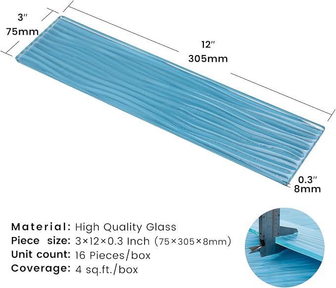 Light Blue Glass Subway Tile 3 x 12 Inch Water Ripple for Kitchen Backsplash Bathroom Wall (16-Pack, 4 sq.ft.)
