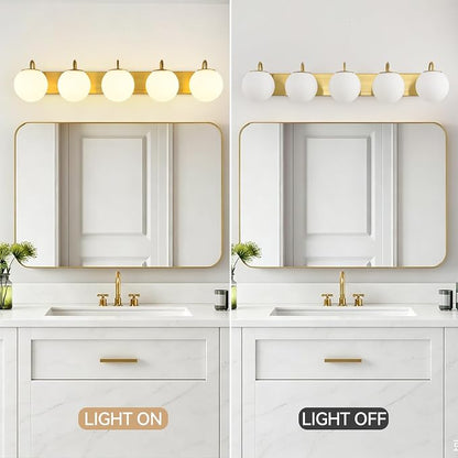5 Lights Vintage Bathroom Vanity Light Fixtures Over Mirror, Brushed Gold Vanity Lights For Bathroom With Milk White Glass Globe Shade, Wall Lights For Bedroom, Hallway, Dressing Table(G9 Incl.)