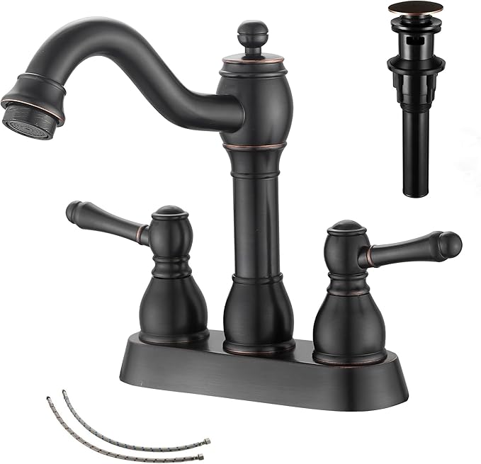 GGStudy Oil Rubbed Bronze Bathroom Faucet 2 Handles 4 Inches Centerset RV Bathroom Vanity Faucet with Drain Assembly and Supply Hose Lavatory Faucet