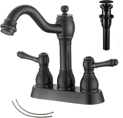 GGStudy Oil Rubbed Bronze Bathroom Faucet 2 Handles 4 Inches Centerset RV Bathroom Vanity Faucet with Drain Assembly and Supply Hose Lavatory Faucet