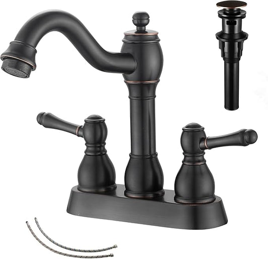 GGStudy Oil Rubbed Bronze Bathroom Faucet 2 Handles 4 Inches Centerset RV Bathroom Vanity Faucet with Drain Assembly and Supply Hose Lavatory Faucet