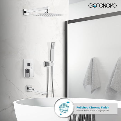 gotonovo Tub Shower Faucet Set with Valve Kit 10’’ Head,Polished Chrome | Shower System with Tub Spout,SUS304 Rain Head with Handheld Sprayer,Swivel Spout,All Metal,Rough-In Valve Trim Kit,Wall Mount
