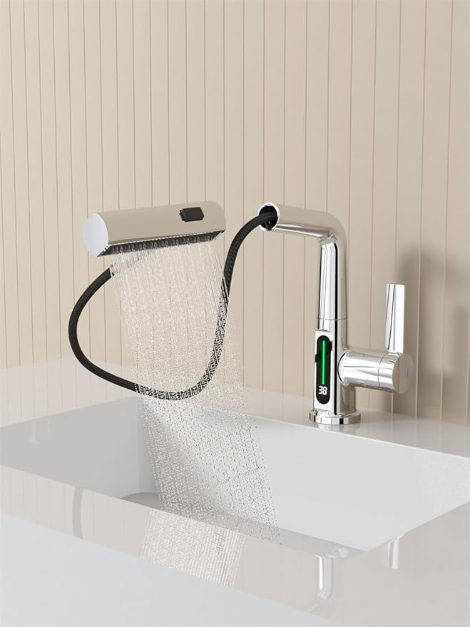 Bathroom Single Handle One Hole Basin Sink Pull Out Faucet with Waterfall Sprayer Temperature Digital Display Vanity Mixer Tap Pull-Down Spray Head Chrome