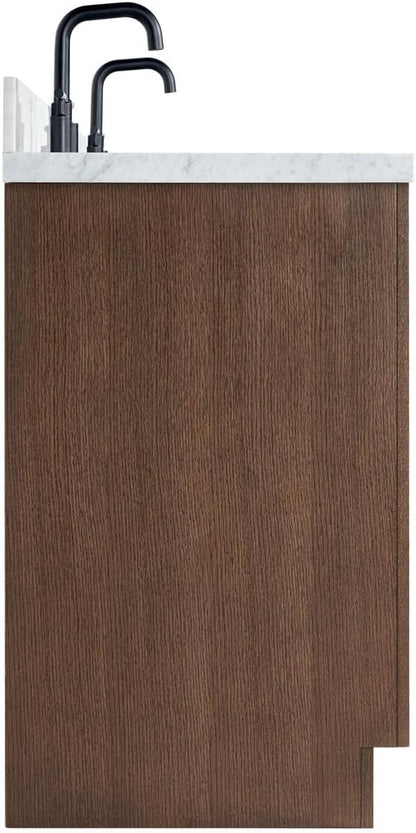 ARIEL Hepburn 66-inch Bathroom Vanity with Sink,Solid Wood, 1.5-inch Italian Carrara Marble Countertop, Double Rectangular Porcelain Sink, 4 Soft Closing Doors, 6 Dovetail Drawers, Brown Oak