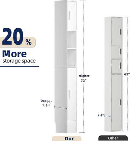 MOHOPE Narrow Bathroom Storage Cabinet, 72" Tall Slim Bathroom Cabinet with 2 Doors & Adjustable Shelves, Skinny Freestanding Floor Cabinet for Small Spaces, Living Room, White