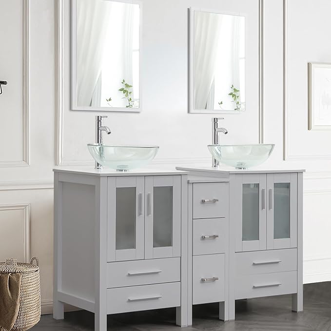 UEV 60" Modern Bathroom Vanity Set in Grey, Double Bathroom Vanities with Sink Combos and Removable Side Cabinet, Bathroom Vanity Set for Bathroom & Toilet,Mirror Not Included (A16)