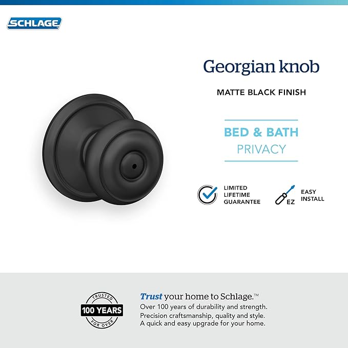 Schlage F40 GEO 622 Georgian Door Knob, Bed & Bath Privacy Lock, Matte Black