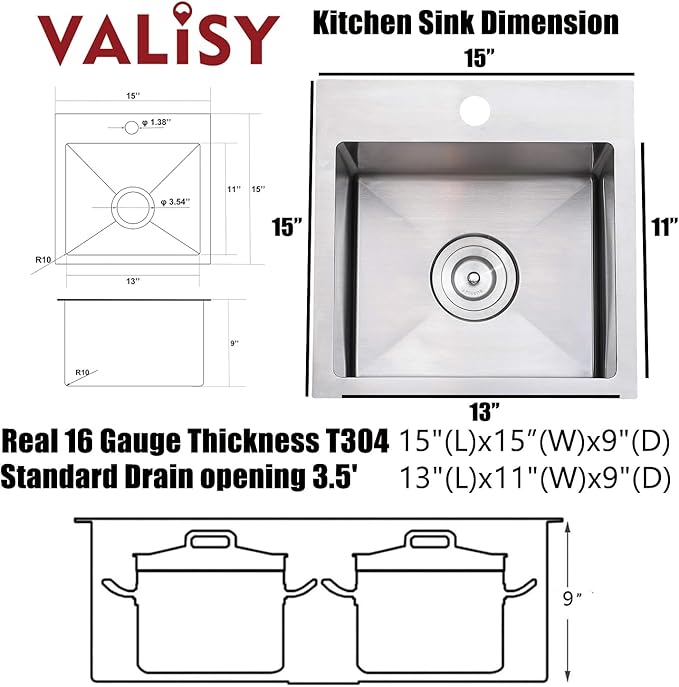 15x15 Inch Bar Sink Drop In, Topmount Kitchen Sink Stainless Steel Square Small Sinks, Single Bowl Kitchen Sinks for Laundry Wet Bar Prep RV Office Outdoor Yard with Grid & Drain