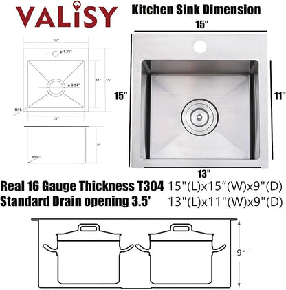 15x15 Inch Bar Sink Drop In, Topmount Kitchen Sink Stainless Steel Square Small Sinks, Single Bowl Kitchen Sinks for Laundry Wet Bar Prep RV Office Outdoor Yard with Grid & Drain