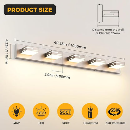 5-Light 5CCT Modern Bathroom Vanity Light Fixtures, 40-Inch 350° Rotatable LED Vanity Lights Over Mirror, Dimmable Brushed Nickel Wall Sconce with Frosted Acrylic Shade