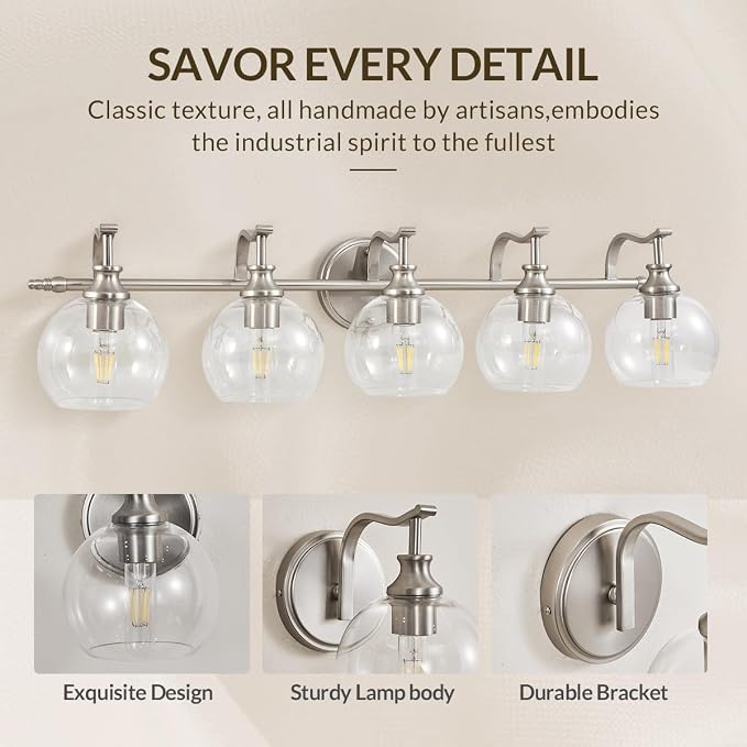 5-Light Brushed Nickel Bathroom Light Fixture, 35" Large Wall Sconce, Glass Globe Design, Perfect for Large Bathrooms, Double Vanities, Elegant Linear Design