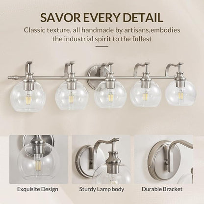 5-Light Brushed Nickel Bathroom Light Fixture, 35" Large Wall Sconce, Glass Globe Design, Perfect for Large Bathrooms, Double Vanities, Elegant Linear Design
