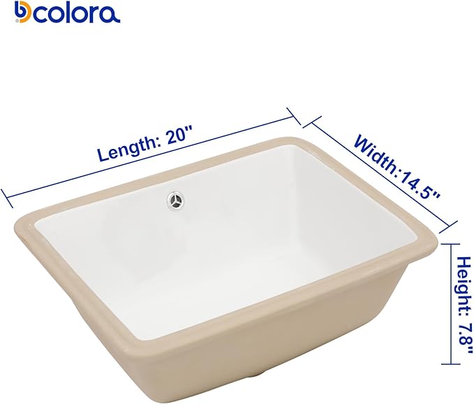 Dcolora 20x14 In. Undermount Bathroom Sink, Rectangular Fireclay White Ceramic Porcelain Lavatory Vanity Bath Sink Under Counter Vessel Sink, Farmhouse Style #DC-UVS2538001