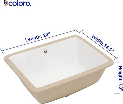 Dcolora 20x14 In. Undermount Bathroom Sink, Rectangular Fireclay White Ceramic Porcelain Lavatory Vanity Bath Sink Under Counter Vessel Sink, Farmhouse Style #DC-UVS2538001