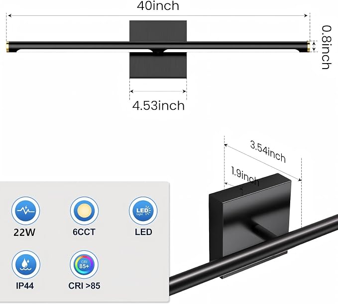 Modern Bathroom Vanity Light 40 inch, 22W Dimmable 6CCT Led Bathroom Light Fixture Over Mirror, Black Bar Vanity Light for Mirror FCC Certificated