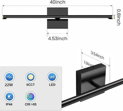 Modern Bathroom Vanity Light 40 inch, 22W Dimmable 6CCT Led Bathroom Light Fixture Over Mirror, Black Bar Vanity Light for Mirror FCC Certificated