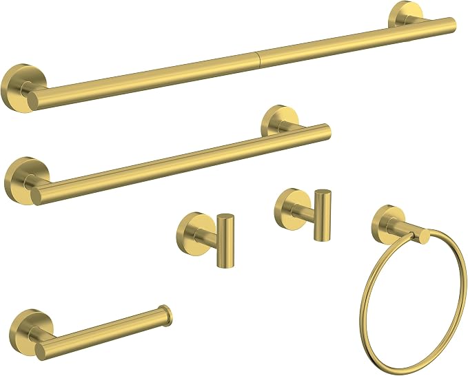 6 Pcs Brushed Gold Bathroom Accessories Hardware Set SUS304 Stainless Steel | Towel Rack and Toilet Paper Holder Set Bath Towel Bar Set Wall Mounted for Bathroom Kitchen by HOMEMYSTIQUE