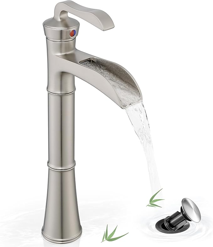 Brass Vessel Sink Faucet Brushed Nickel, Waterfall Bathroom Sink Faucet 1 Hole, Single Handle Bathroom Faucet, Tall Faucet for Bathroom Sink with Pop-Up Drain & Water Hoses for Save Water