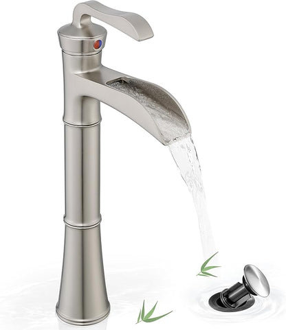 Brass Vessel Sink Faucet Brushed Nickel, Waterfall Bathroom Sink Faucet 1 Hole, Single Handle Bathroom Faucet, Tall Faucet for Bathroom Sink with Pop-Up Drain & Water Hoses for Save Water