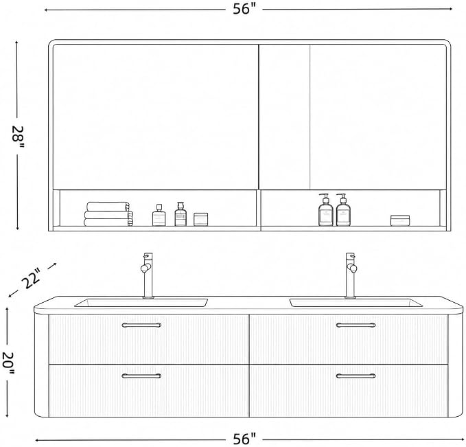 56 in Double Bathroom Vanity with Sinks - Modern Floating Bathroom Vanity with Solid Wood Cabinet, Anti-Fog Mirror and Integrated Stone Sinks | Wall Mounted Design | Ample Storage