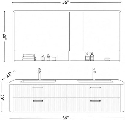 56 in Double Bathroom Vanity with Sinks - Modern Floating Bathroom Vanity with Solid Wood Cabinet, Anti-Fog Mirror and Integrated Stone Sinks | Wall Mounted Design | Ample Storage