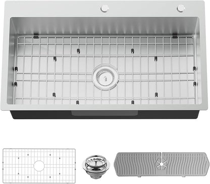 33x19 Inch Drop-in Kitchen Sink, Stainless Steel, Single Bowl | Modern Topmount Kitchen Sink Combo, Include SS Grid,Silicon Mat,Drain Strainer Set, Compatibility With Various Kitchen Style