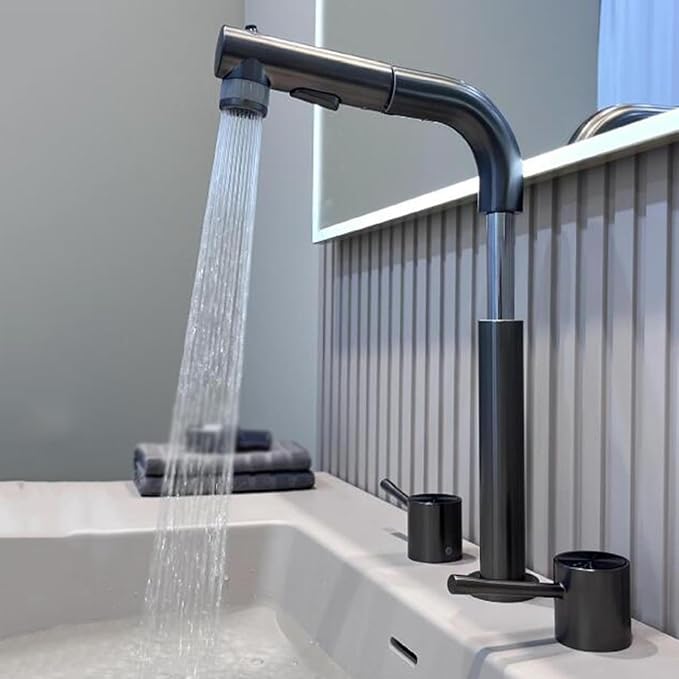 3 Hole Basin Faucets Pull Out Basin Mixer Faucet Brass-Grey