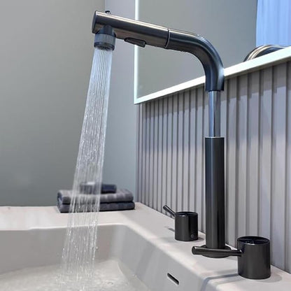 3 Hole Basin Faucets Pull Out Basin Mixer Faucet Brass-Grey