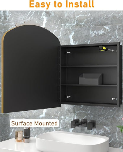24x30 Inch Bathroom Medicine Cabinet Surface Mounted, Medicine Cabinet with Arched Mirror, Hand-Painted Bronze Aluminum Frame, Baroque Flower Decor, Black Metal Cabinet, 2 Stable & Removable Shelves