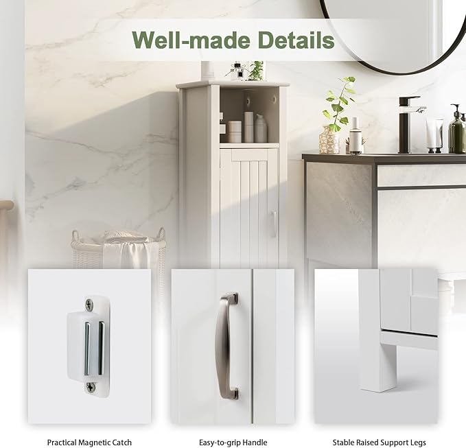 Tangkula Bathroom Floor Cabinet, Multifunctional Storage Cabinet, Anti-Tipping Device, 3-Height Adjustable Shelf, Wooden Freestanding Side Cabinet for Bathroom Home Office, 12 x 12 x 31.5 Inch